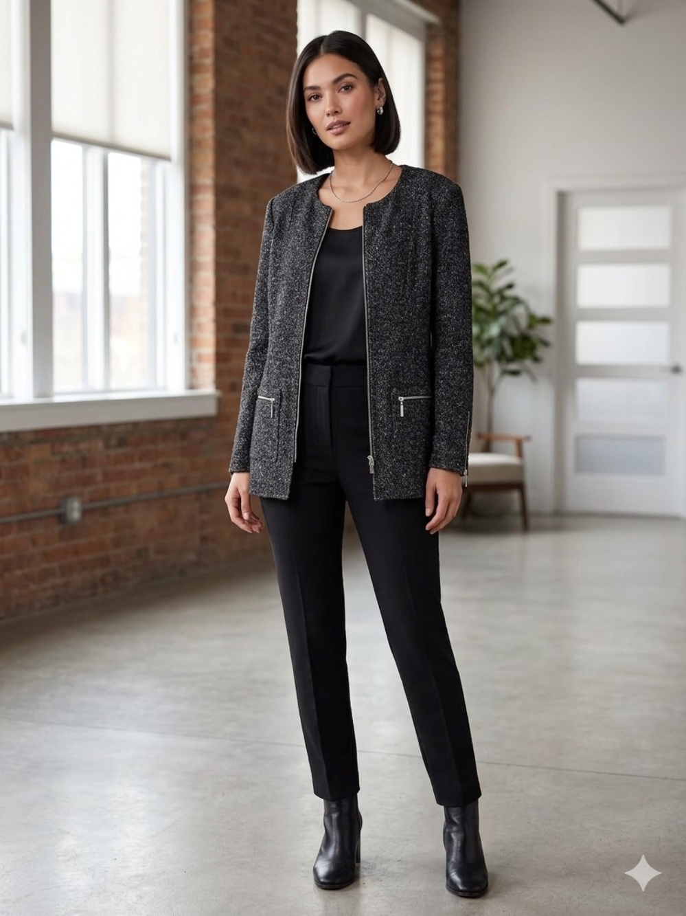 Le Grenier Black Tweed Collarless Zip-Up Blazer Jacket